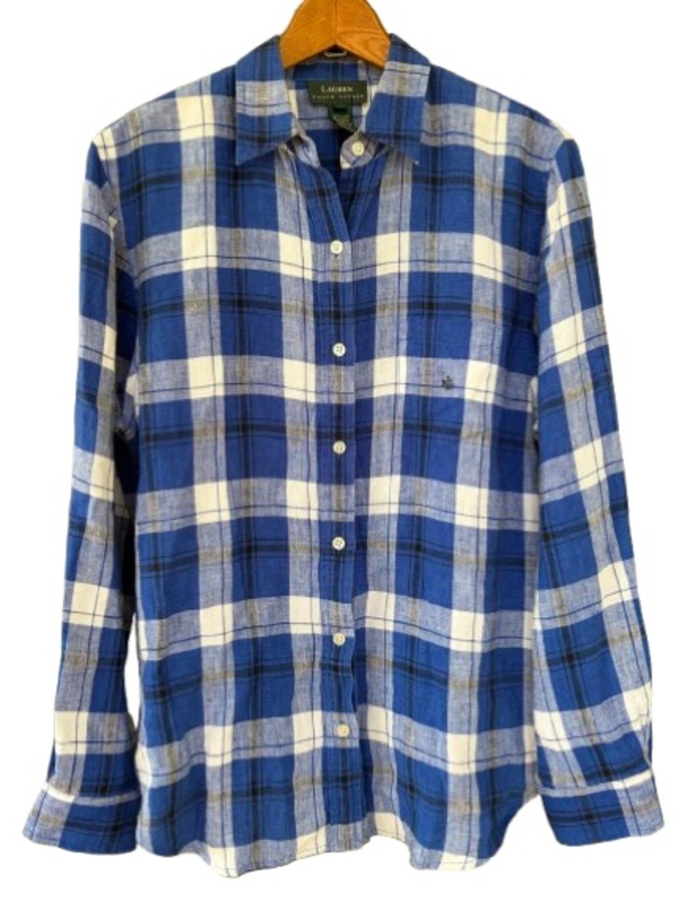 Lauren Ralph Lauren Women’s Plaid Linen Button-Down Shirt Size L Blue & White
